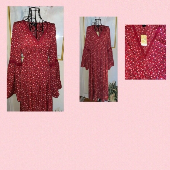 SUZANNE BETRO "RUST FLORAL LACE TRIM~MIDI DRESS~V-NECK~BELL SLEEVES~X-LARGE - Picture 4 of 9